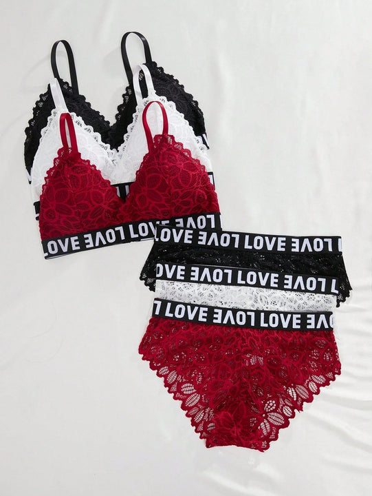 Conjunto De Ropa Interior De 6 Piezas Con Encaje Y Patrones De Alfabeto, Conjunto De Lenceria