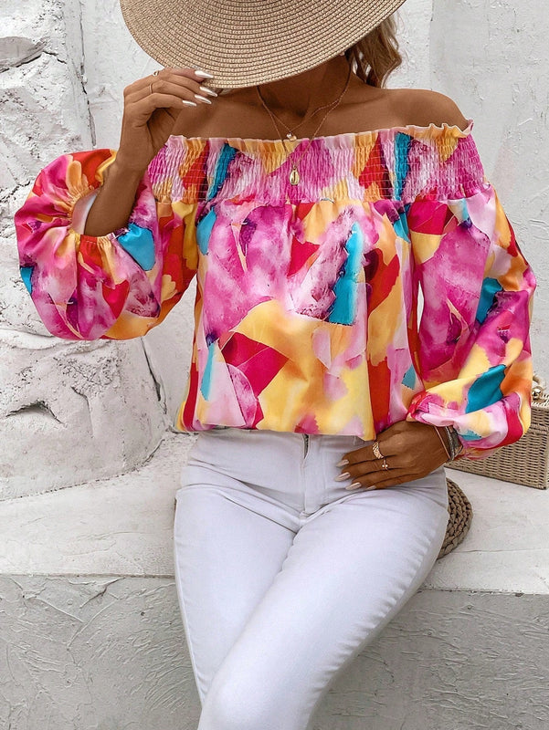 VCAY Camisa De Mujer Con Hombros Descubiertos Y Estampado Geometrico