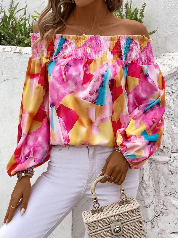 VCAY Camisa De Mujer Con Hombros Descubiertos Y Estampado Geometrico