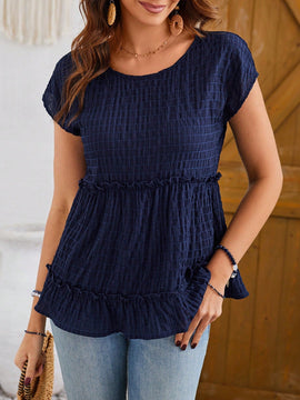 EMERY ROSE Camisa De Mujer En Capas De Tela Texturizada Azul Marino Con Cuello Redondo Y Punos Con Volantes Para La Primavera