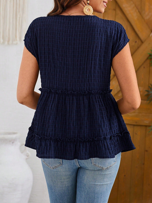 EMERY ROSE Camisa De Mujer En Capas De Tela Texturizada Azul Marino Con Cuello Redondo Y Punos Con Volantes Para La Primavera