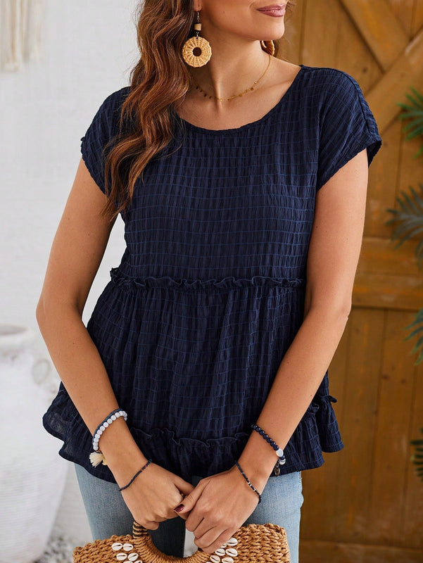 EMERY ROSE Camisa De Mujer En Capas De Tela Texturizada Azul Marino Con Cuello Redondo Y Punos Con Volantes Para La Primavera