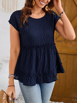 EMERY ROSE Camisa De Mujer En Capas De Tela Texturizada Azul Marino Con Cuello Redondo Y Punos Con Volantes Para La Primavera