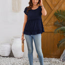 EMERY ROSE Camisa De Mujer En Capas De Tela Texturizada Azul Marino Con Cuello Redondo Y Punos Con Volantes Para La Primavera