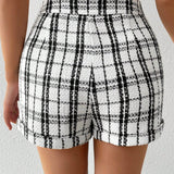 Prive Pantalones Cortos De Cuadros De Doble Botonadura Para Mujer