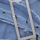 Haute Falda De Denim Con Capas, Hebilla Y Caida