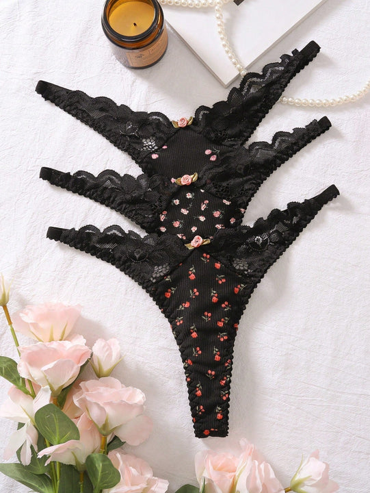 Tangas Estampadas De Flores Pequenas Para Mujer (3 Piezas)