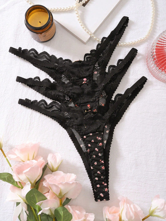 Tangas Estampadas De Flores Pequenas Para Mujer (3 Piezas)