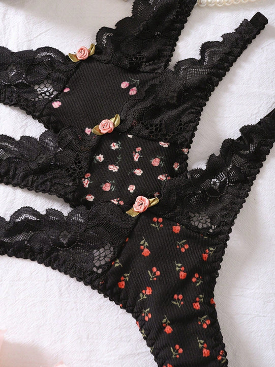 Tangas Estampadas De Flores Pequenas Para Mujer (3 Piezas)