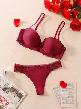 Conjunto De Lenceria Decorado Con Lazos De Mariposa, Encaje Combinado Para Dia De San Valentin