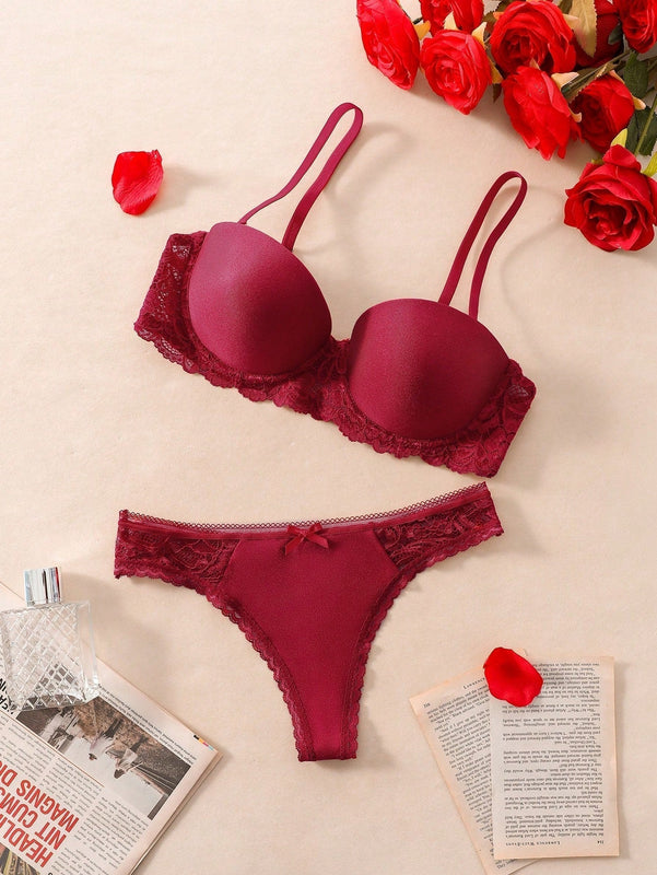 Conjunto De Lenceria Decorado Con Lazos De Mariposa, Encaje Combinado Para Dia De San Valentin