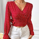 WYWH Blusa Fruncida Con Cintura Y Estampado De Corazones Para Mujer