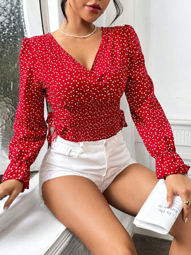 WYWH Blusa Fruncida Con Cintura Y Estampado De Corazones Para Mujer