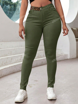 Pantalones ajustados de tobillo comodos, con bolsillos inclinados de cintura alta y tela elastica solida para el uso diario casual