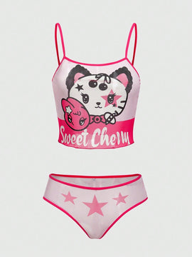 ROMWE Kawaii Conjunto De Ropa Interior Con Diseno De Bloques De Color, Letras Y Estrellas En Impresion De Caricatura