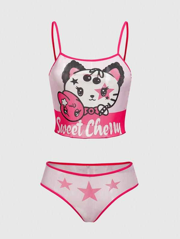 ROMWE Kawaii Conjunto De Ropa Interior Con Diseno De Bloques De Color, Letras Y Estrellas En Impresion De Caricatura