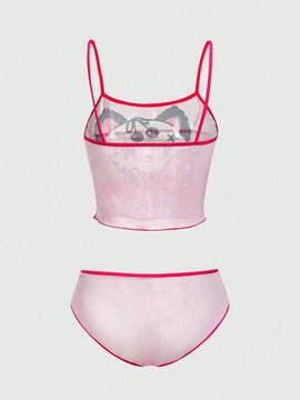 ROMWE Kawaii Conjunto De Ropa Interior Con Diseno De Bloques De Color, Letras Y Estrellas En Impresion De Caricatura