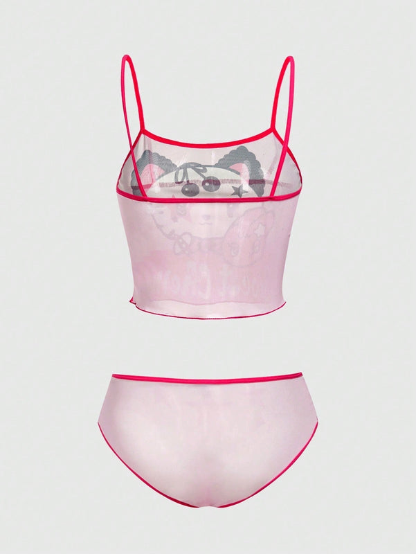 ROMWE Kawaii Conjunto De Ropa Interior Con Diseno De Bloques De Color, Letras Y Estrellas En Impresion De Caricatura