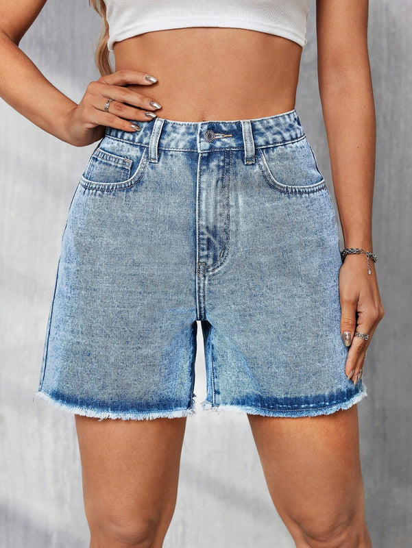 Tall Shorts De Mezclilla Lavados Desgastados Con Dobladillo Crudo