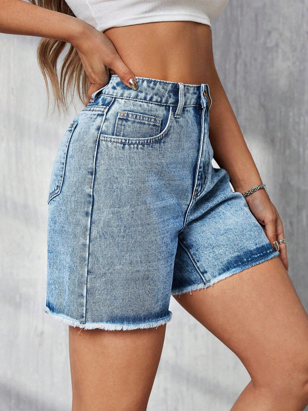 Tall Shorts De Mezclilla Lavados Desgastados Con Dobladillo Crudo