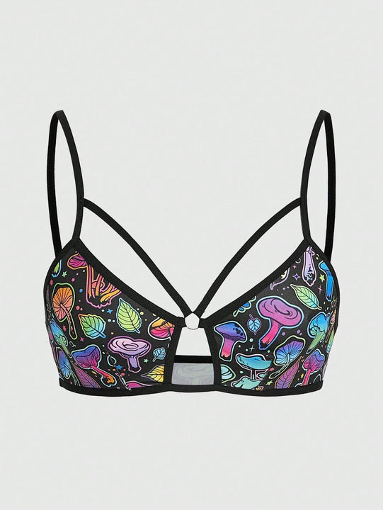 ROMWE Fairycore Sujetador Con Estampado De Hojas De Hongos Psicodelicos Inalambricos