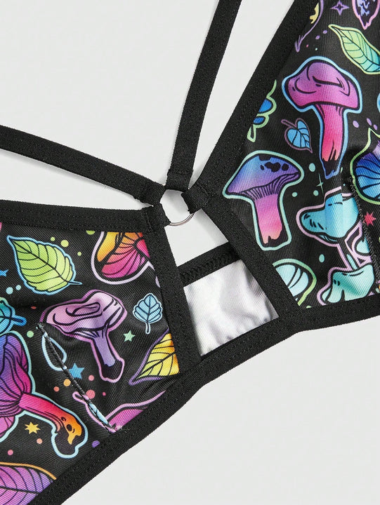 ROMWE Fairycore Sujetador Con Estampado De Hojas De Hongos Psicodelicos Inalambricos