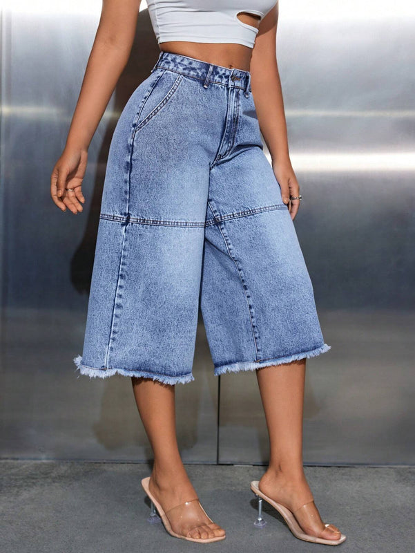 SXY Pantalones De Mezclilla De Longitud De 3/4 Con Ajuste Holgado Y Flecos Para Mujeres