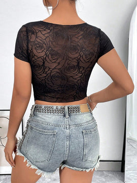 Camiseta Corta De Mujeres Con Escote En V Profundo Y Abertura De Corte En El Centro