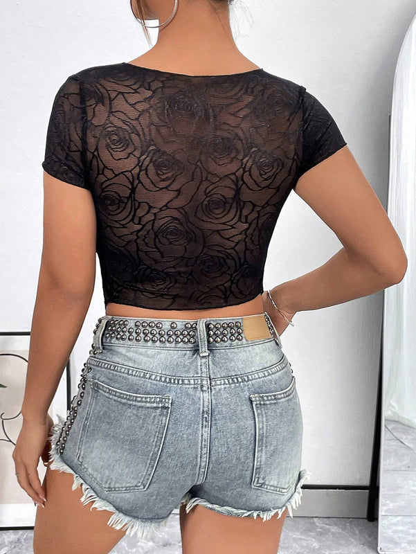 Camiseta Corta De Mujeres Con Escote En V Profundo Y Abertura De Corte En El Centro