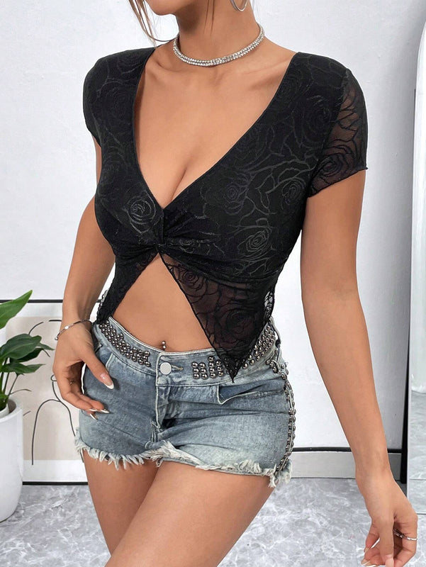 Camiseta Corta De Mujeres Con Escote En V Profundo Y Abertura De Corte En El Centro