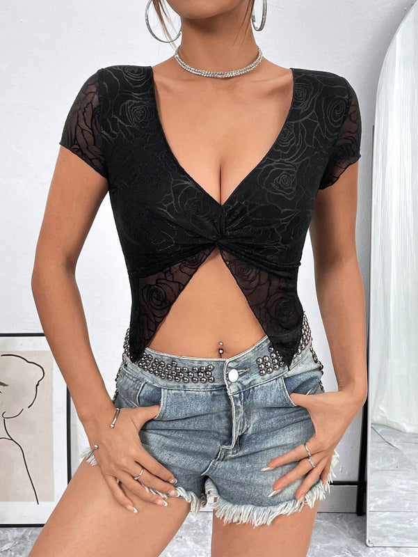 Camiseta Corta De Mujeres Con Escote En V Profundo Y Abertura De Corte En El Centro