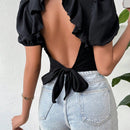 Prive Blusa Corta De Manga Corta Con Nudo En La Espalda Abierta De Mujer