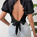 Prive Blusa Corta De Manga Corta Con Nudo En La Espalda Abierta De Mujer
