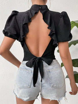 Prive Blusa Corta De Manga Corta Con Nudo En La Espalda Abierta De Mujer