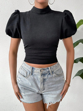 Prive Blusa Corta De Manga Corta Con Nudo En La Espalda Abierta De Mujer