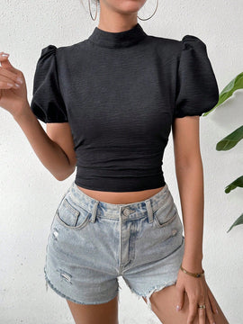 Prive Blusa Corta De Manga Corta Con Nudo En La Espalda Abierta De Mujer