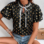 Blusa De Cuello Con Corbata Para Mujer Con Estampado De Corazon De Lunares Dorados