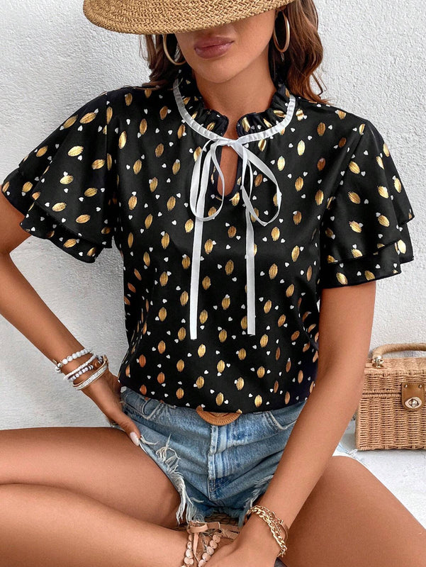 Blusa De Cuello Con Corbata Para Mujer Con Estampado De Corazon De Lunares Dorados