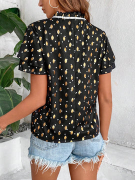 Blusa De Cuello Con Corbata Para Mujer Con Estampado De Corazon De Lunares Dorados