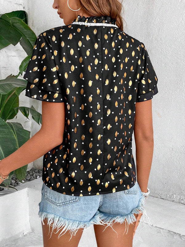 Blusa De Cuello Con Corbata Para Mujer Con Estampado De Corazon De Lunares Dorados