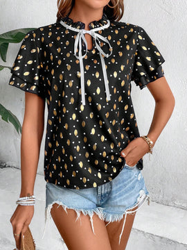 Blusa De Cuello Con Corbata Para Mujer Con Estampado De Corazon De Lunares Dorados