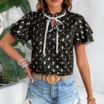 Blusa De Cuello Con Corbata Para Mujer Con Estampado De Corazon De Lunares Dorados