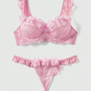 ROMWE Kawaii Conjunto De Lenceria Dulce Y Romantico Con Encaje Y Flores 3d Para Mujer