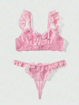 ROMWE Kawaii Conjunto De Lenceria Dulce Y Romantico Con Encaje Y Flores 3d Para Mujer