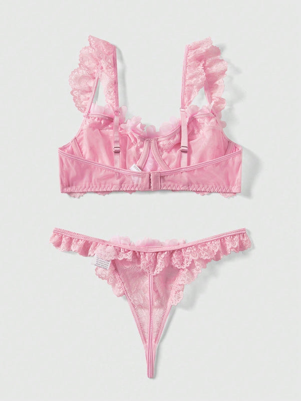 ROMWE Kawaii Conjunto De Lenceria Dulce Y Romantico Con Encaje Y Flores 3d Para Mujer
