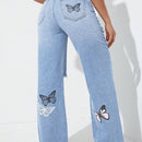 EZwear Jeans De Patron De Mariposa Con Efecto Desgastado Para Mujer