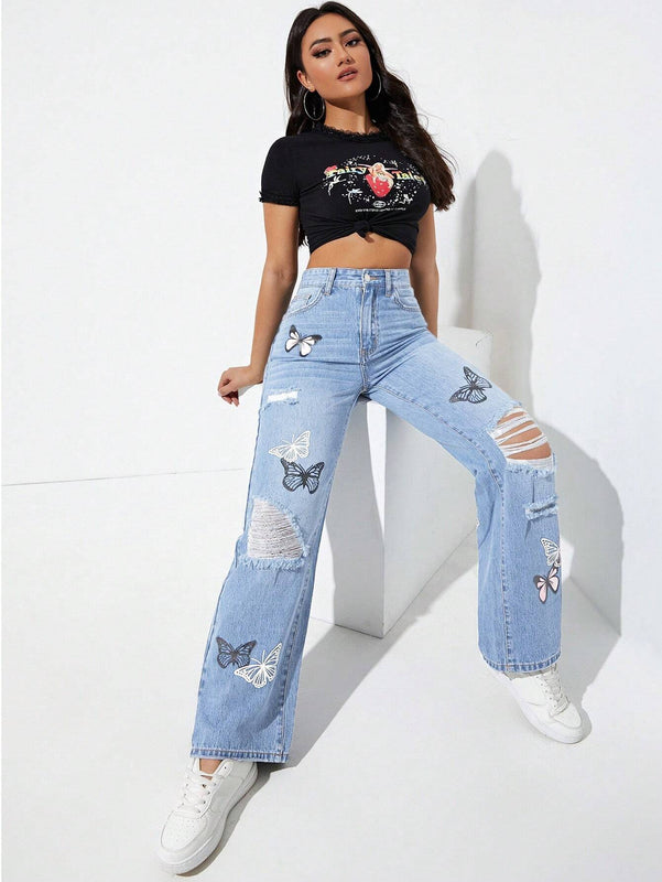 EZwear Jeans De Patron De Mariposa Con Efecto Desgastado Para Mujer