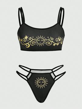 ROMWE Hippie Conjunto De Bralette Y Braga Sin Cables Con Estampado De Girasoles Y Vid