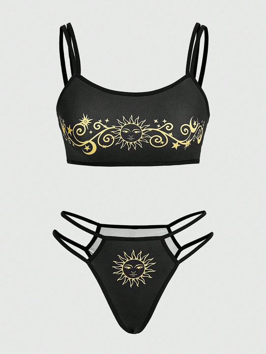 ROMWE Hippie Conjunto De Bralette Y Braga Sin Cables Con Estampado De Girasoles Y Vid