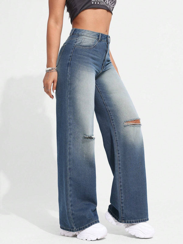EZwear Jeans Lavados Y Desgastados Con Agujeros Para Mujer